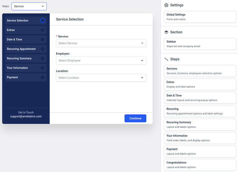 opciones de la ventana de configuración del servicio amelia