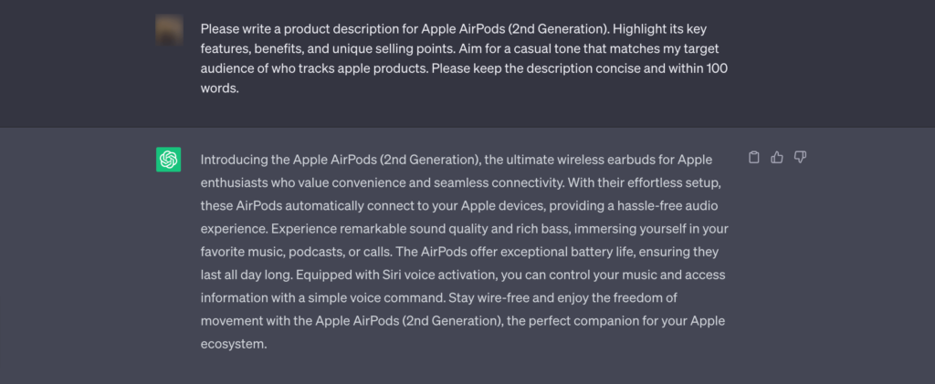 Esta es una captura de pantalla de cómo chatgpt ayuda a crear descripciones de productos.
