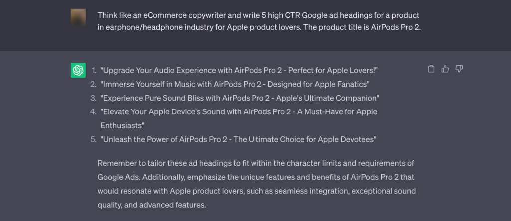 นี่คือภาพที่แสดงให้เห็นว่า chatgpt สามารถสร้างสำเนาโฆษณาสำหรับธุรกิจอีคอมเมิร์ซได้อย่างไร