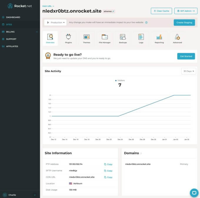 Tableau de bord du site Rocket.net