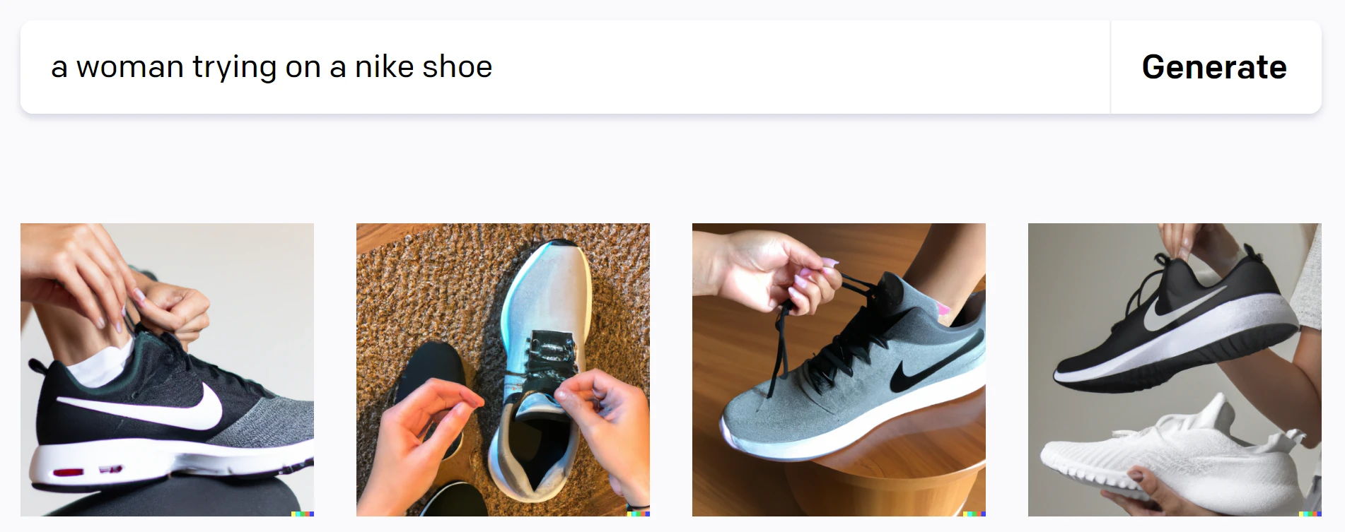 Gli strumenti di web design AI possono essere utilizzati per generare grafica come una donna che prova una scarpa Nike (come mostrato qui).