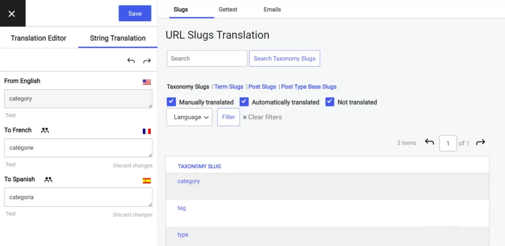 การแปล Slug ในอินเทอร์เฟซการแปลสตริง