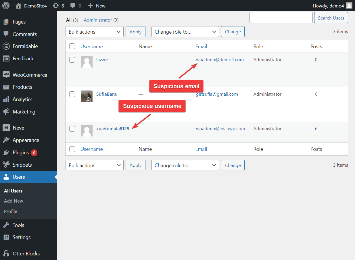 يعد ظهور اسم المستخدم والبريد الإلكتروني المشبوهين في منطقة المستخدمين في WP-admin علامة مؤكدة على التعرض للاختراق.