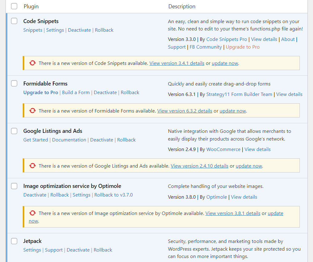 Menampilkan plugin WordPress yang kedaluwarsa di area WP-admin.