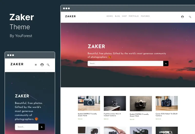 Thème Zaker - Portfolio de photographie minimal et thème WordPress pour boutique de photos