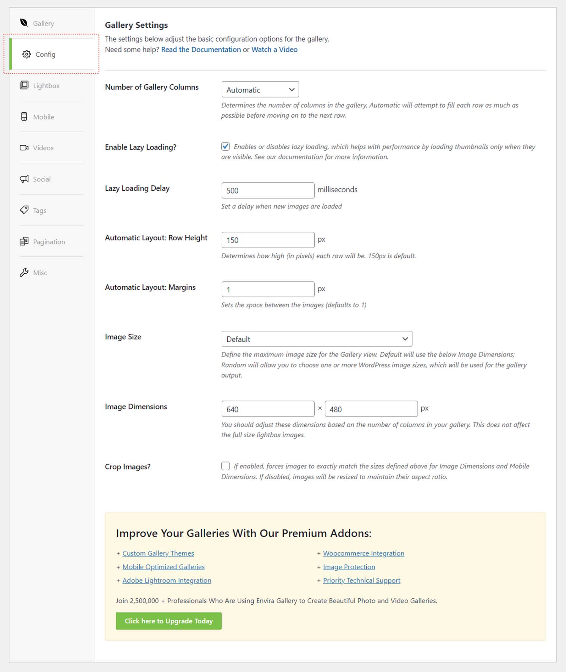 Die Registerkarte „Konfiguration“ des Enivra Gallery-Plugins