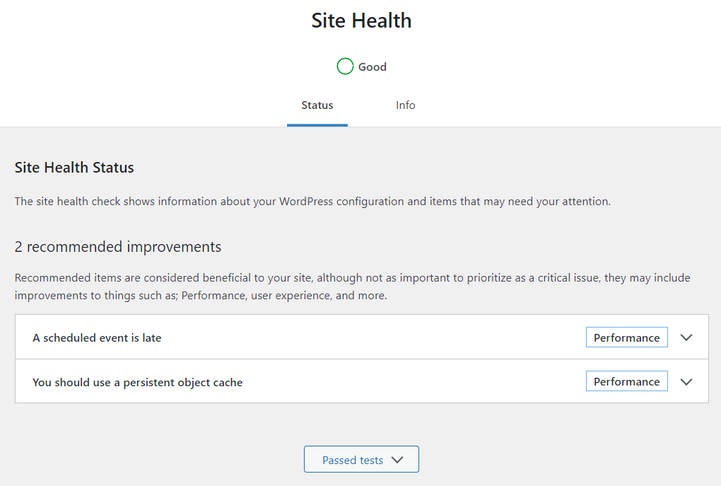 État de santé du site, avec des recommandations d'amélioration