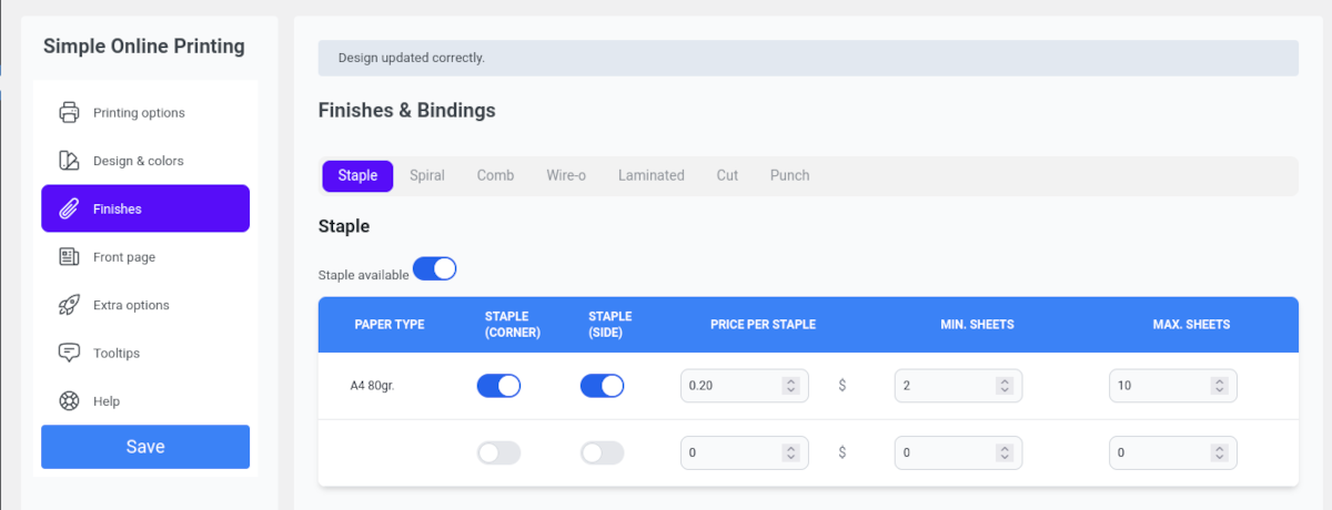 captura de pantalla del menú de configuración de Copy Shop