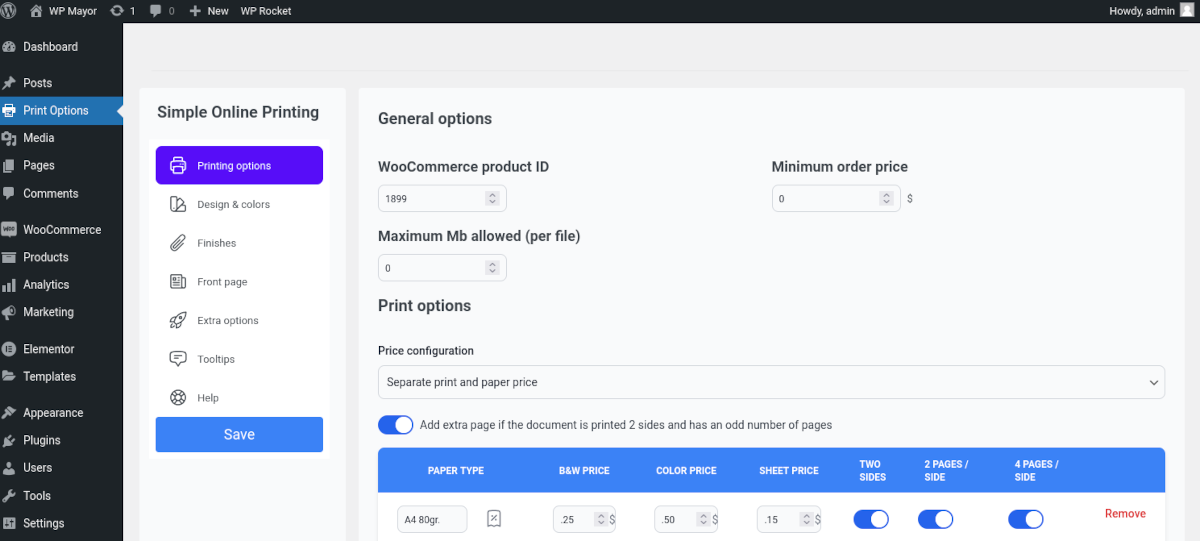 captura de pantalla del menú de configuración de Copy Shop