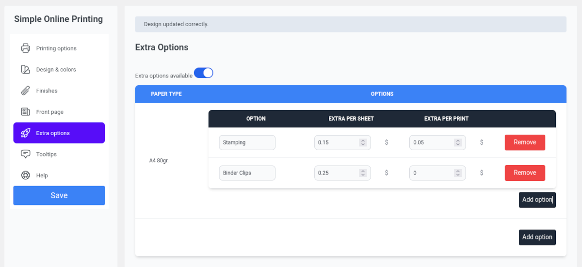 captura de pantalla del menú de configuración de Copy Shop