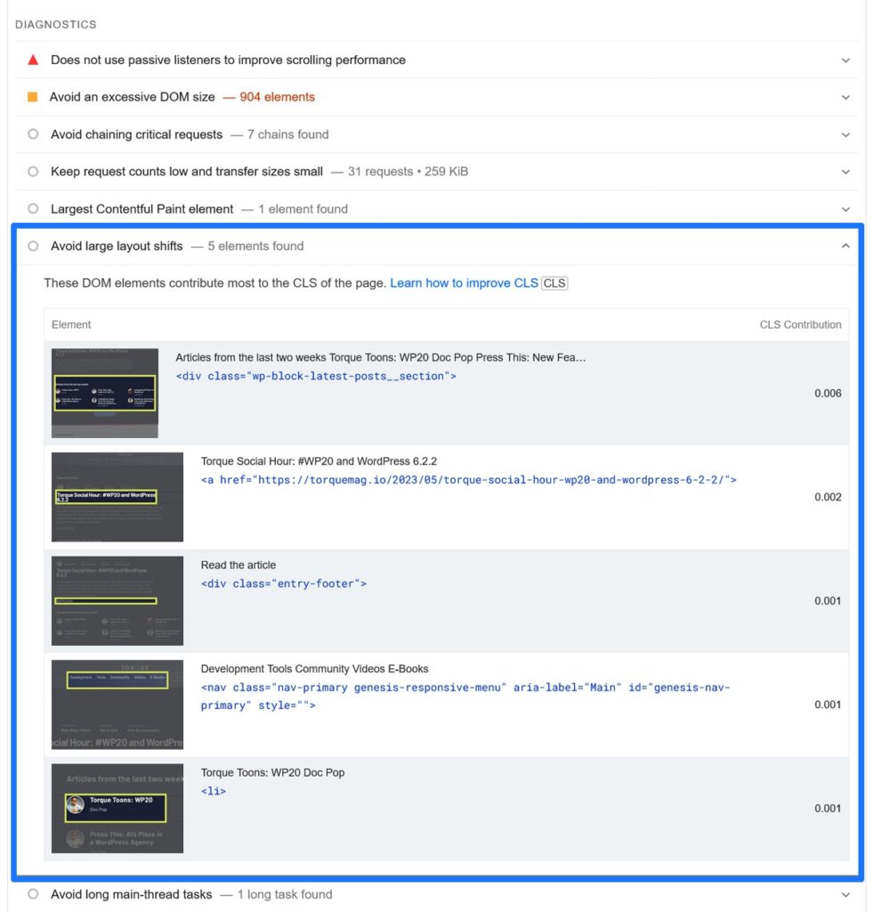 éléments de changement de mise en page cumulatifs dans les informations sur la vitesse de la page