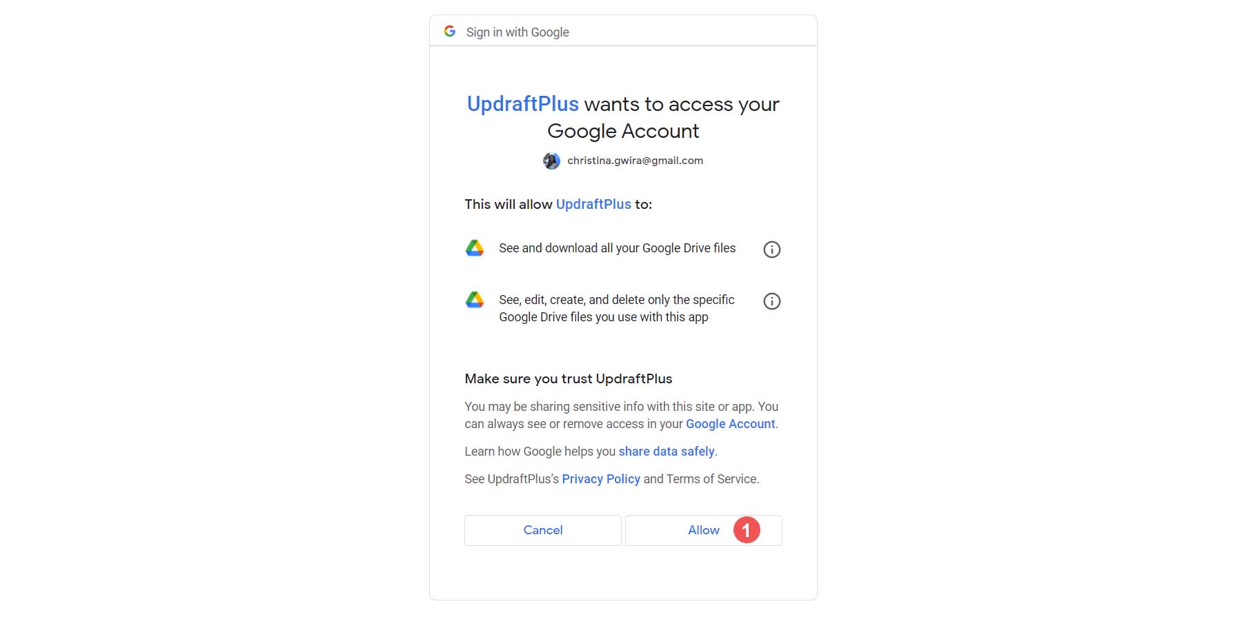 允許 UpdraftPlus 訪問您的 Google 帳戶