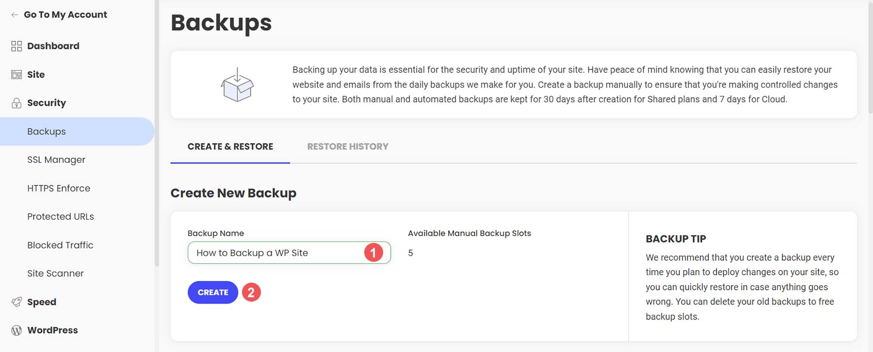 Nomeie e inicie seu processo de backup de hospedagem na web