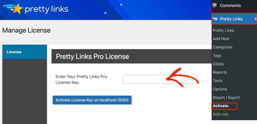 Activating the Pretty Links WordPress plugin