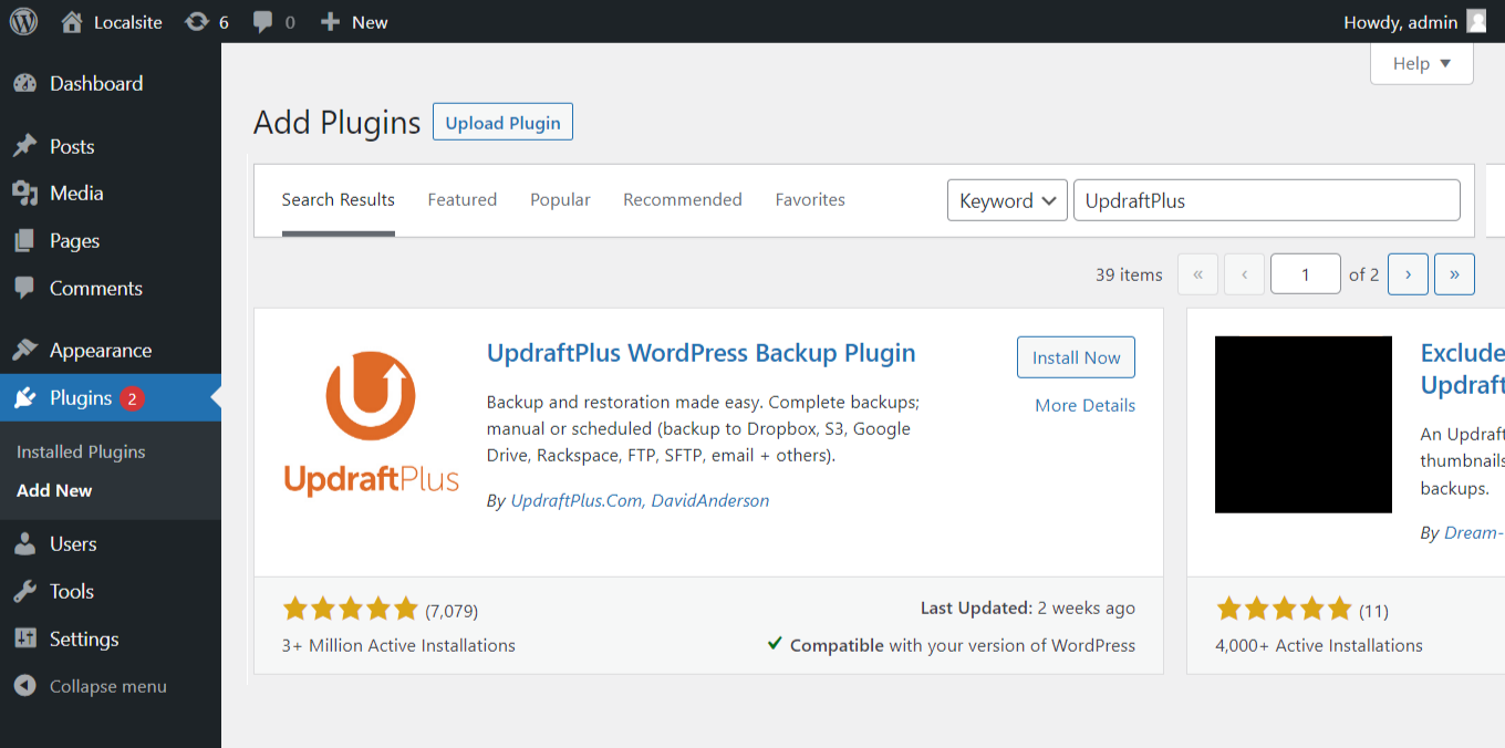 Installer le plugin de sauvegarde WordPress