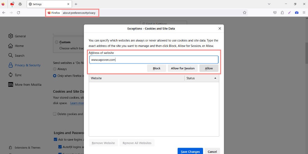 Enabling cookies and Site Data on Firefox