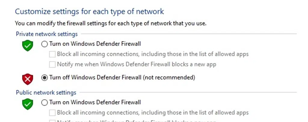 Turn off Windows Defender Firewall