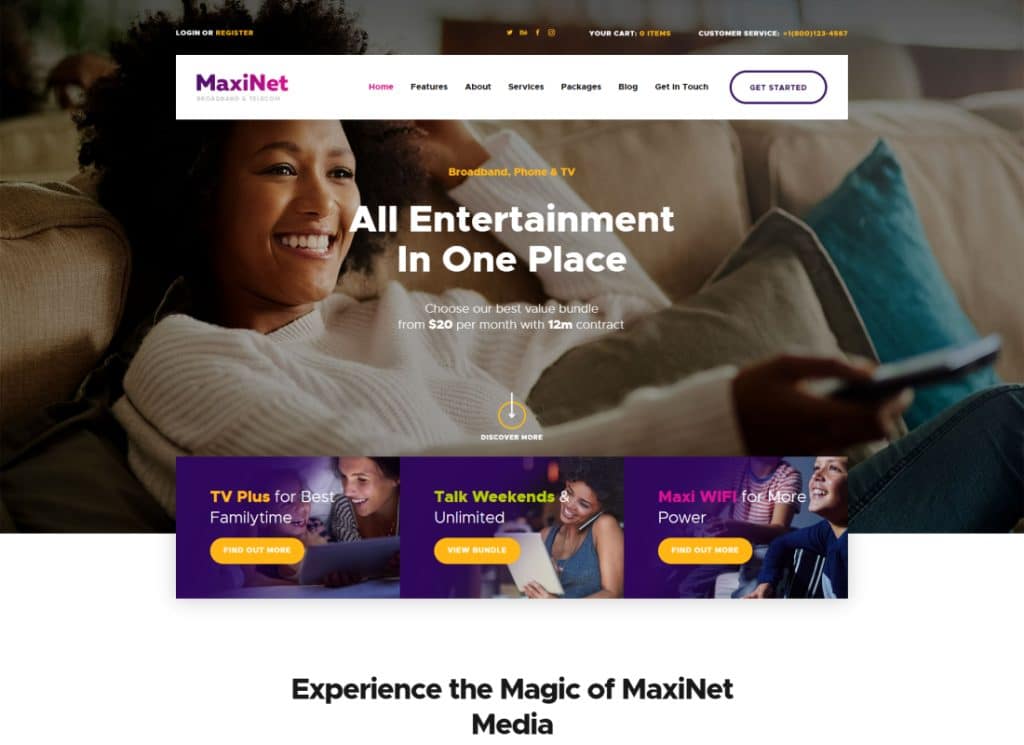 MaxiNet | مزود خدمة الإنترنت ذات النطاق العريض والاتصالات السلكية واللاسلكية WordPress Theme + Elementor