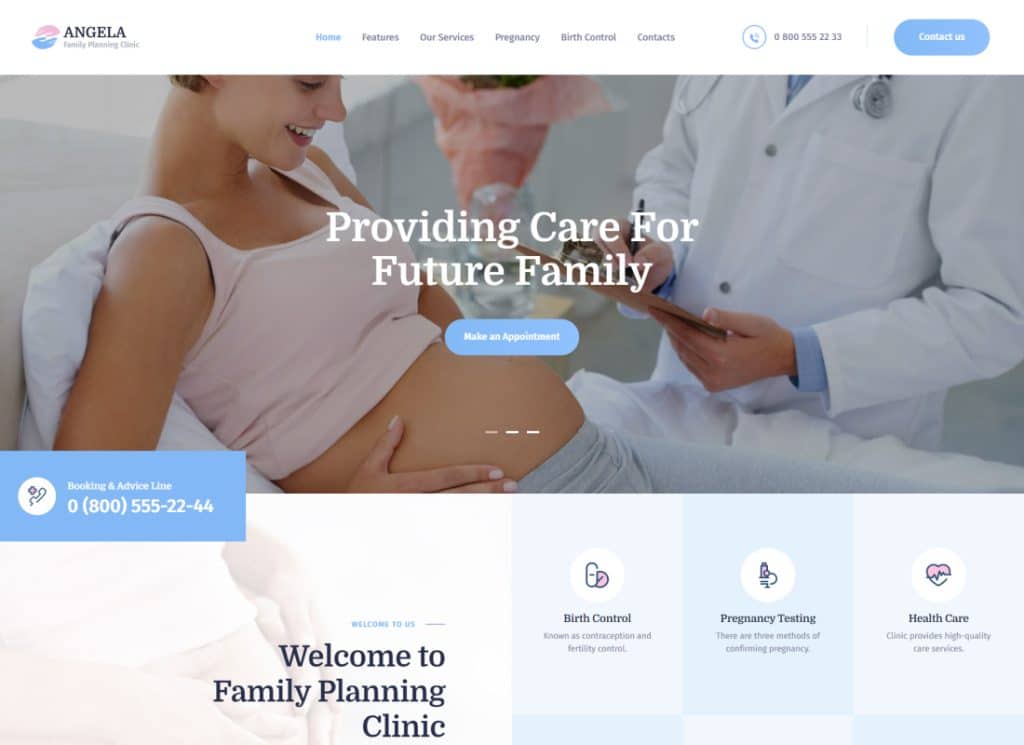 Angela – WordPress-Theme für Familienplanung und Schwangerschaftsklinik