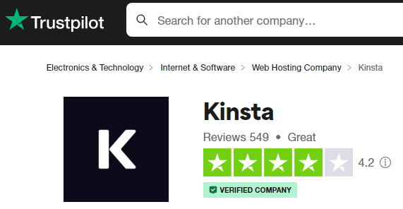 Classificação Kinsta TrustPilot