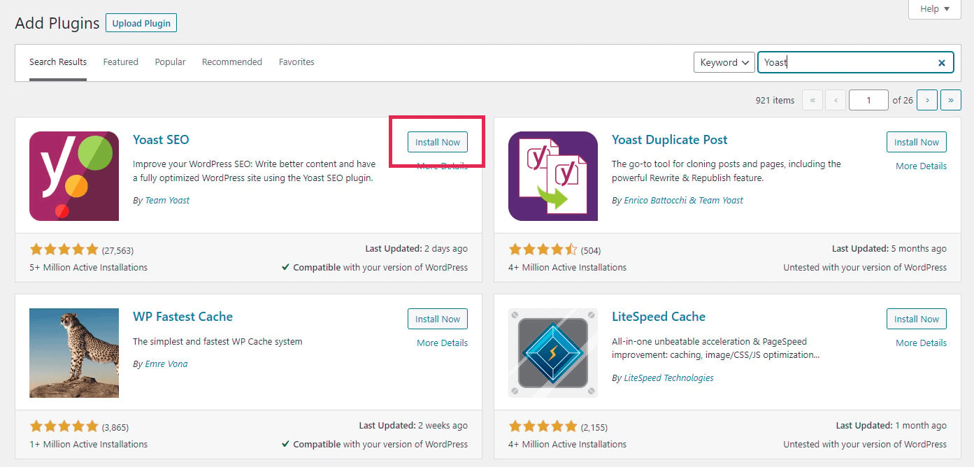 Se caută pluginul Yoast SEO în WordPress.