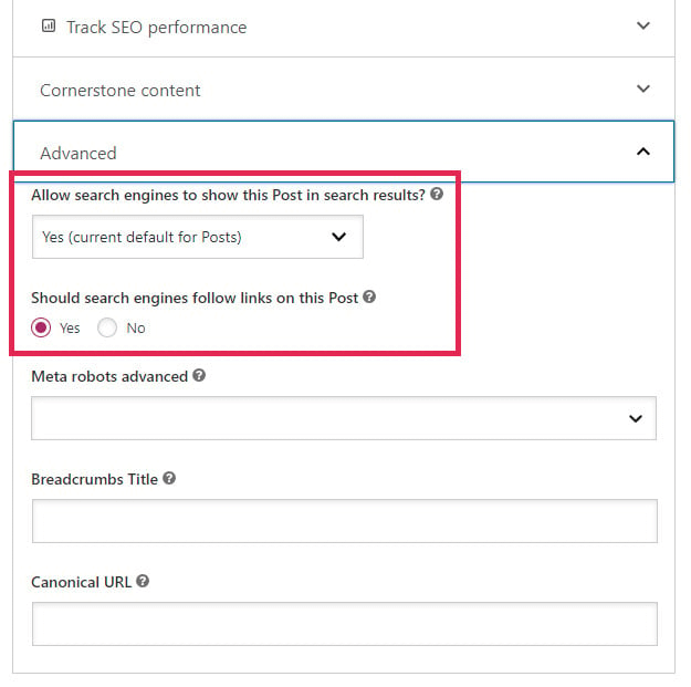 Passer par les paramètres avancés de Yoast SEO pour modifier les propriétés d'indexation afin que vous puissiez empêcher la page d'apparaître dans les résultats de recherche.