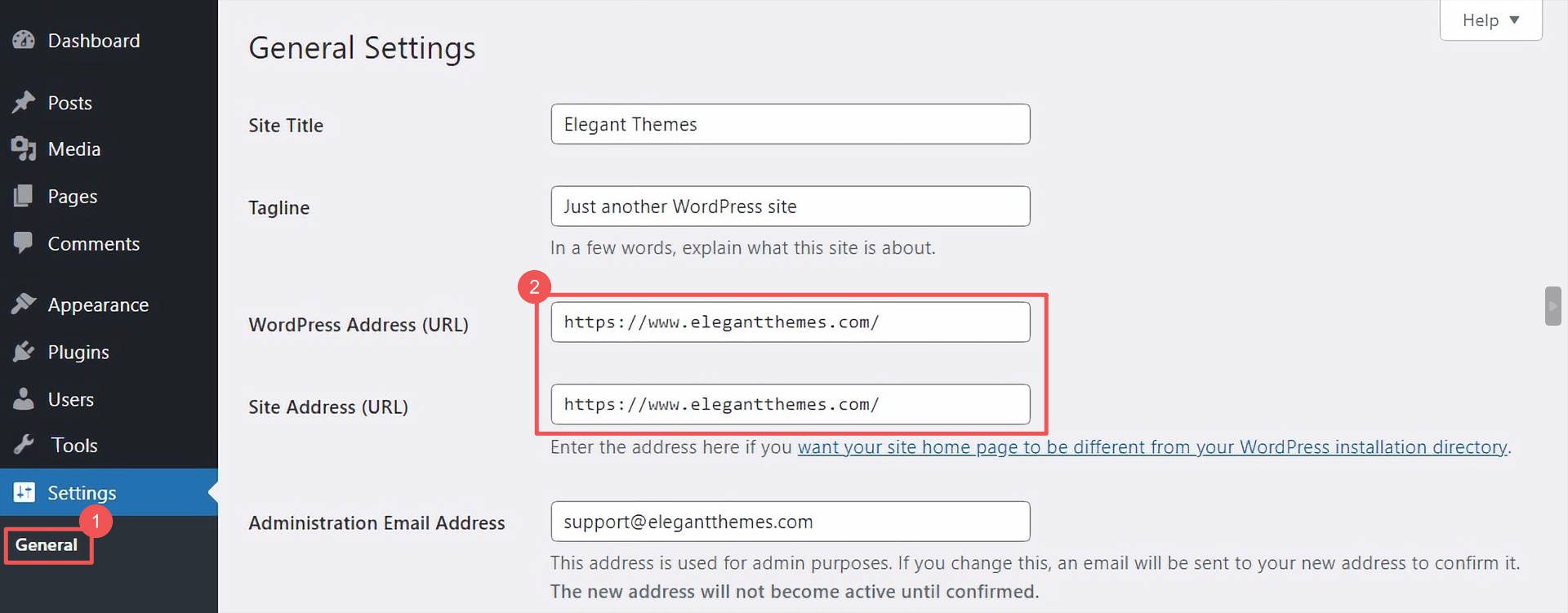 WordPress の設定 一般的な Web サイトの WWW URL