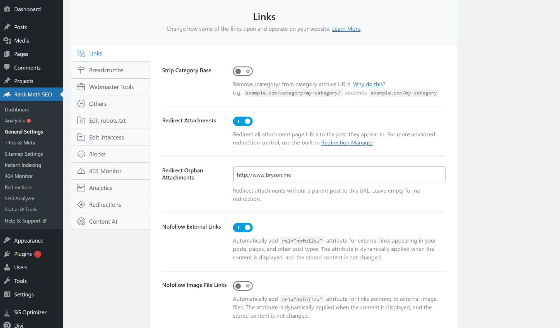 Rank Math Link SEO-Einstellungen