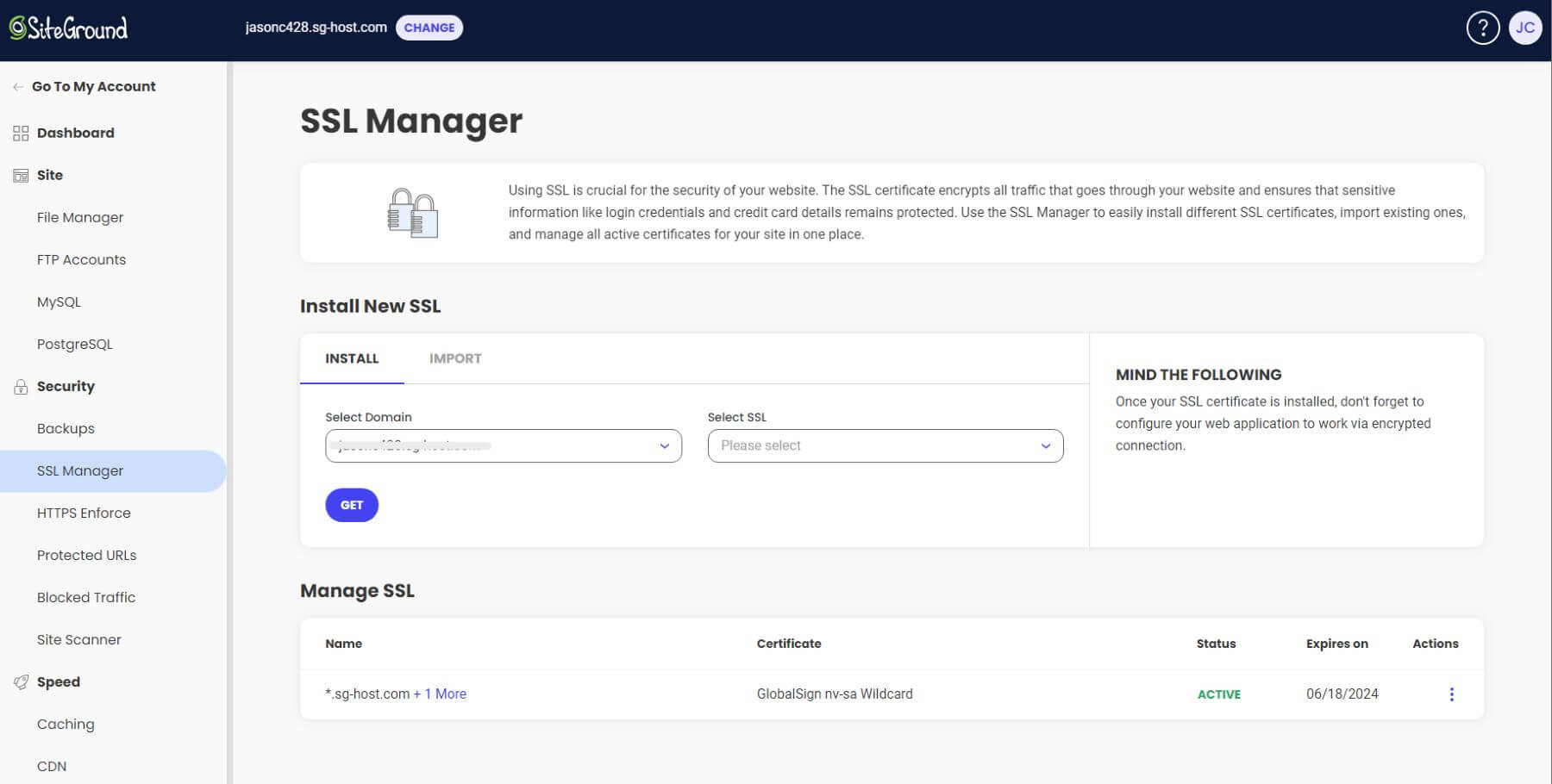 Manajer SSL di SiteGround