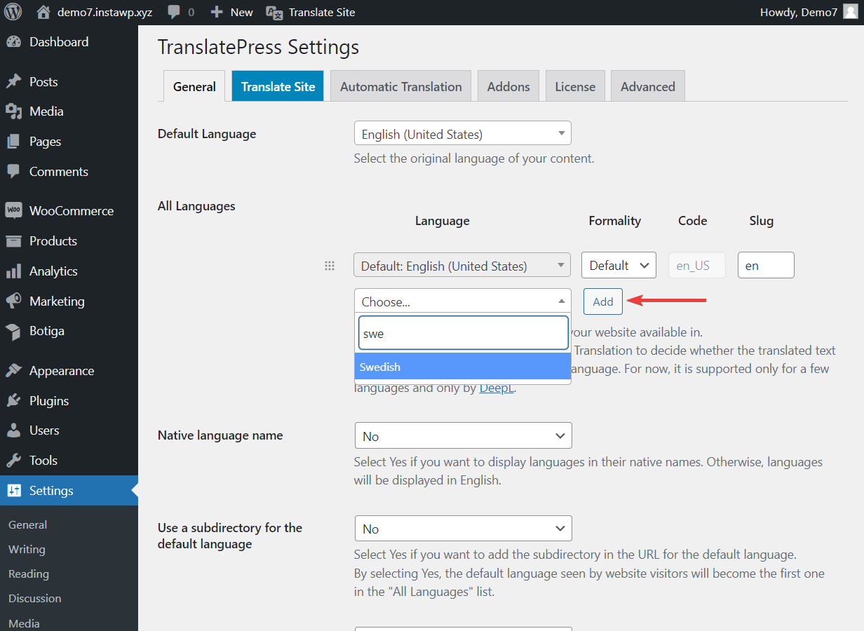 Configuración de idioma de TranslatePress