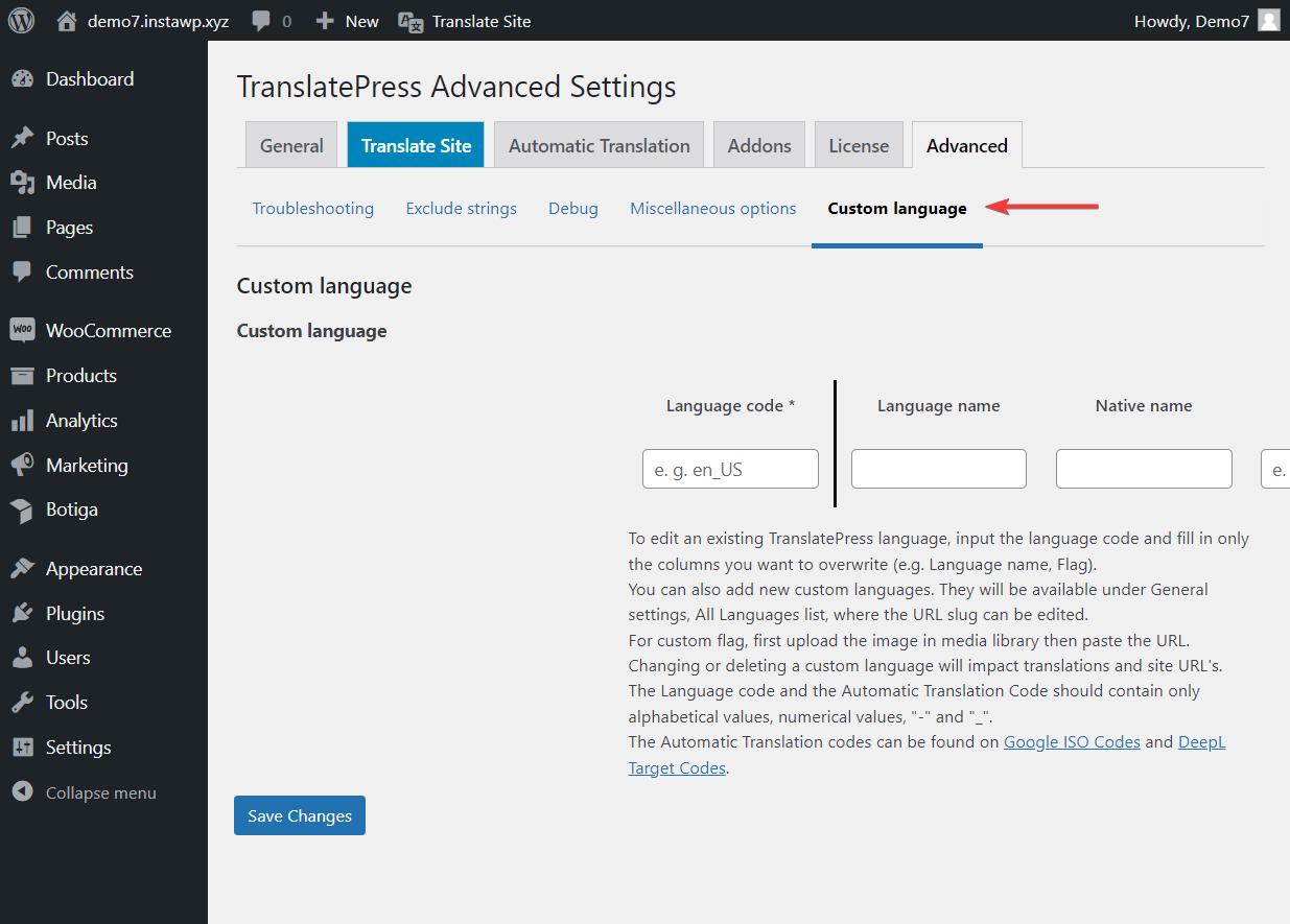 Paramètres avancés de TranslatePress pour les langues personnalisées