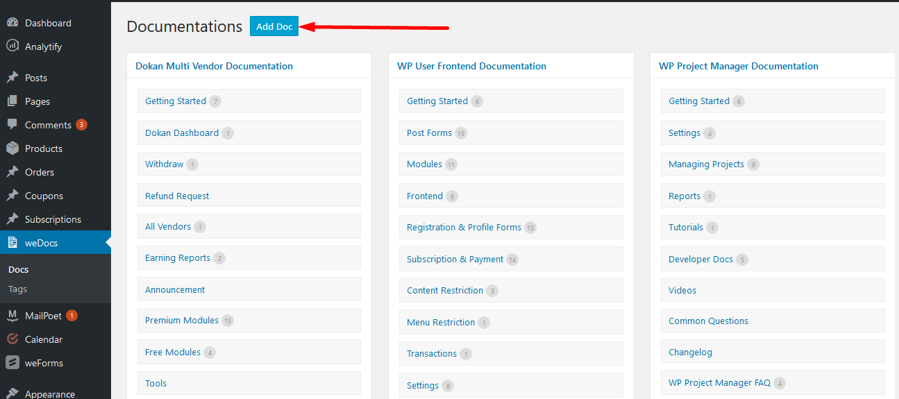 Aceasta este vizualizarea backend a pluginului weDocs