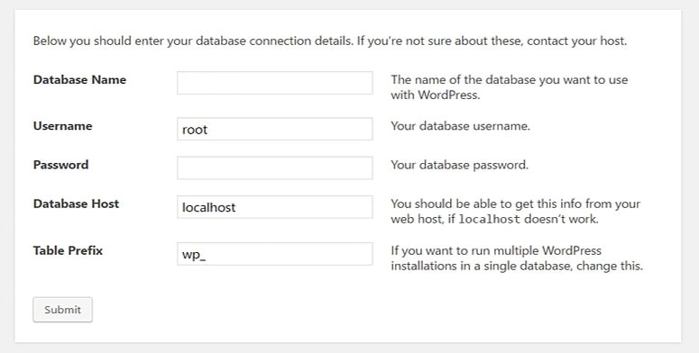 輸入 WordPress 安裝的數據庫信息