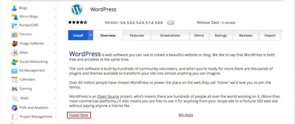 Haga clic en el botón Instalar ahora para instalar WordPress