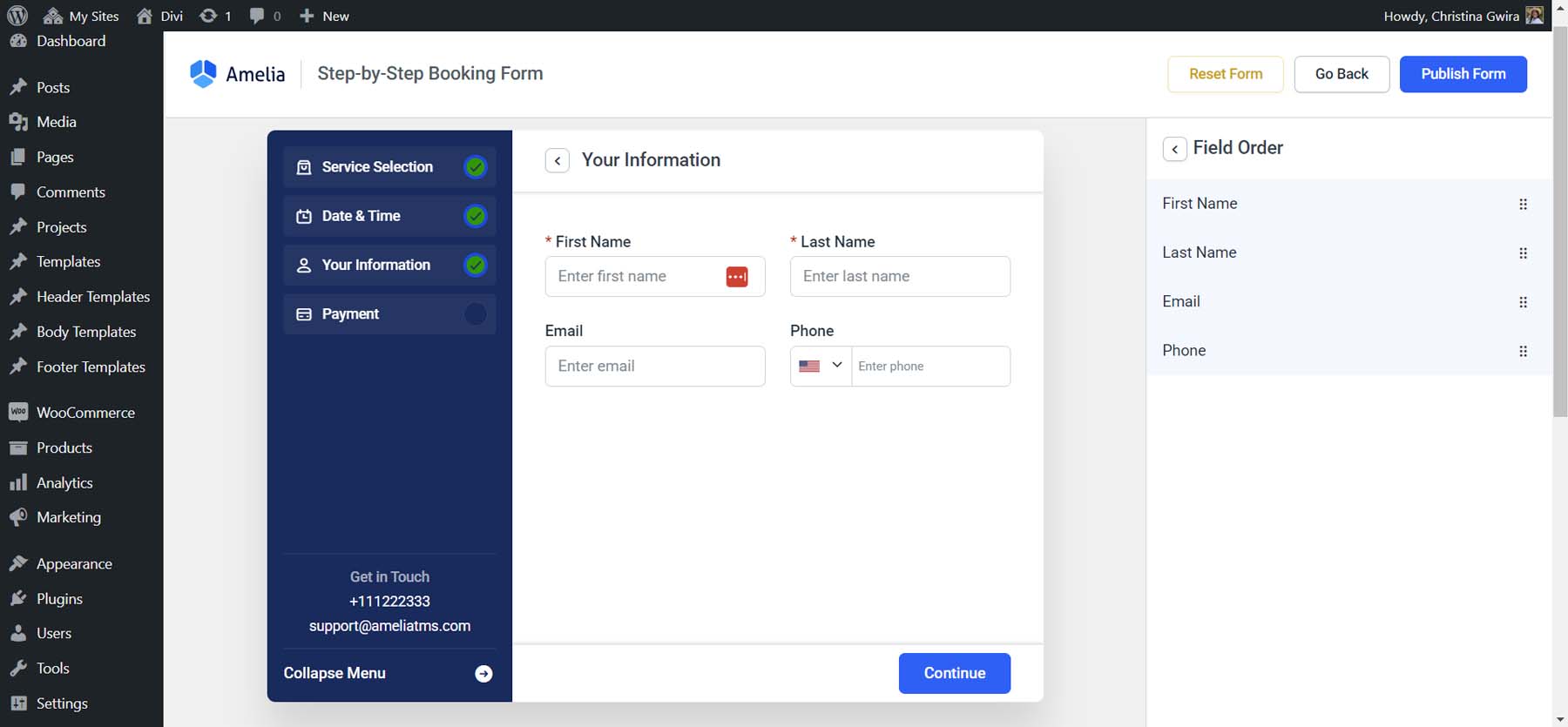 Personalize o formulário de informações do cliente para Amelia