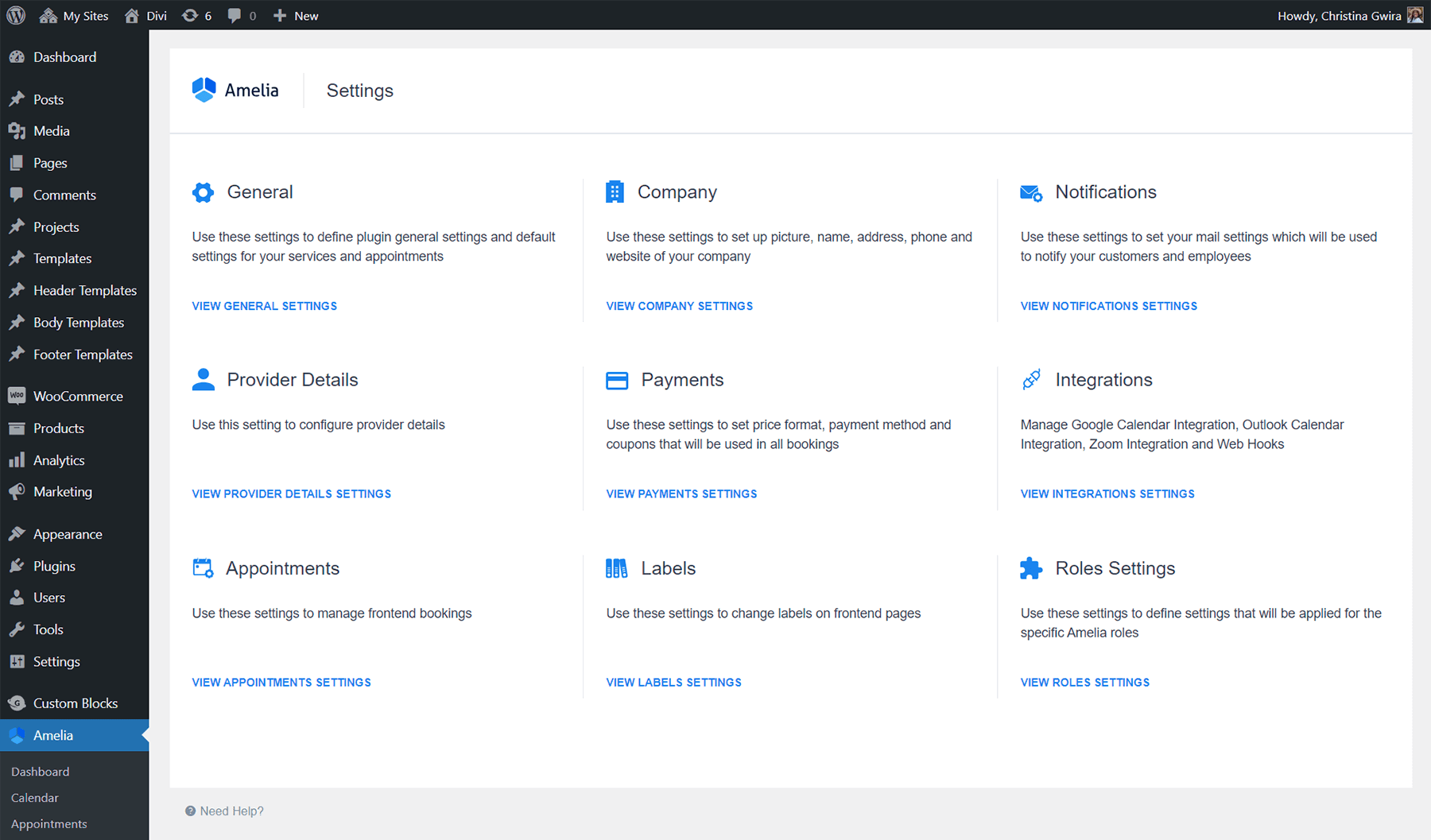 Configurações de Amélia