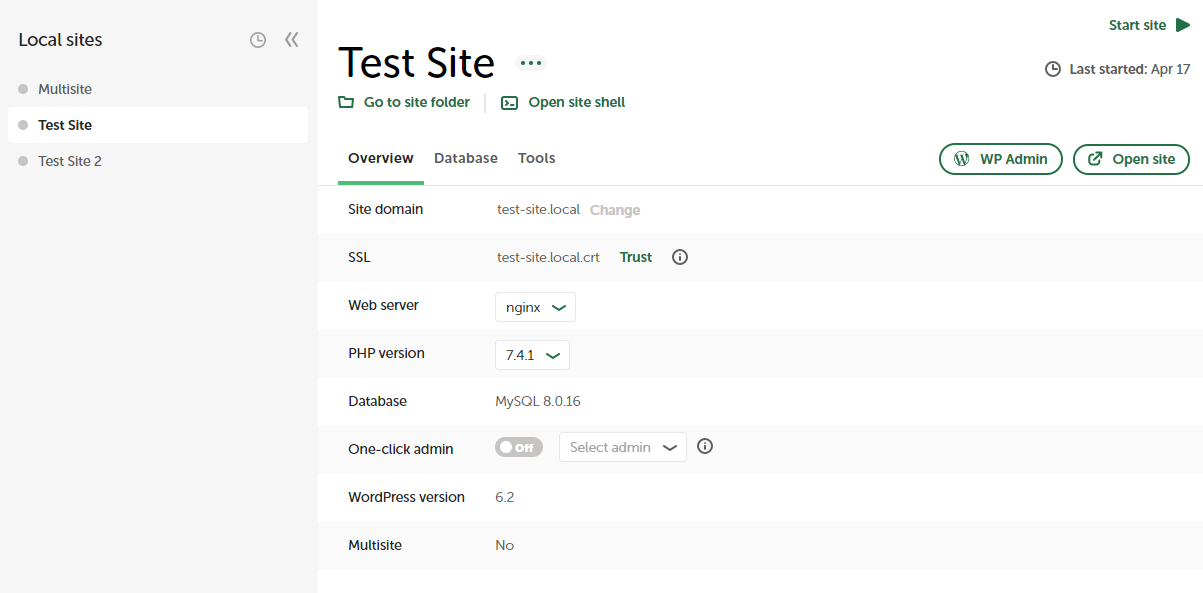 site de desenvolvimento local com o nome "Test Site"