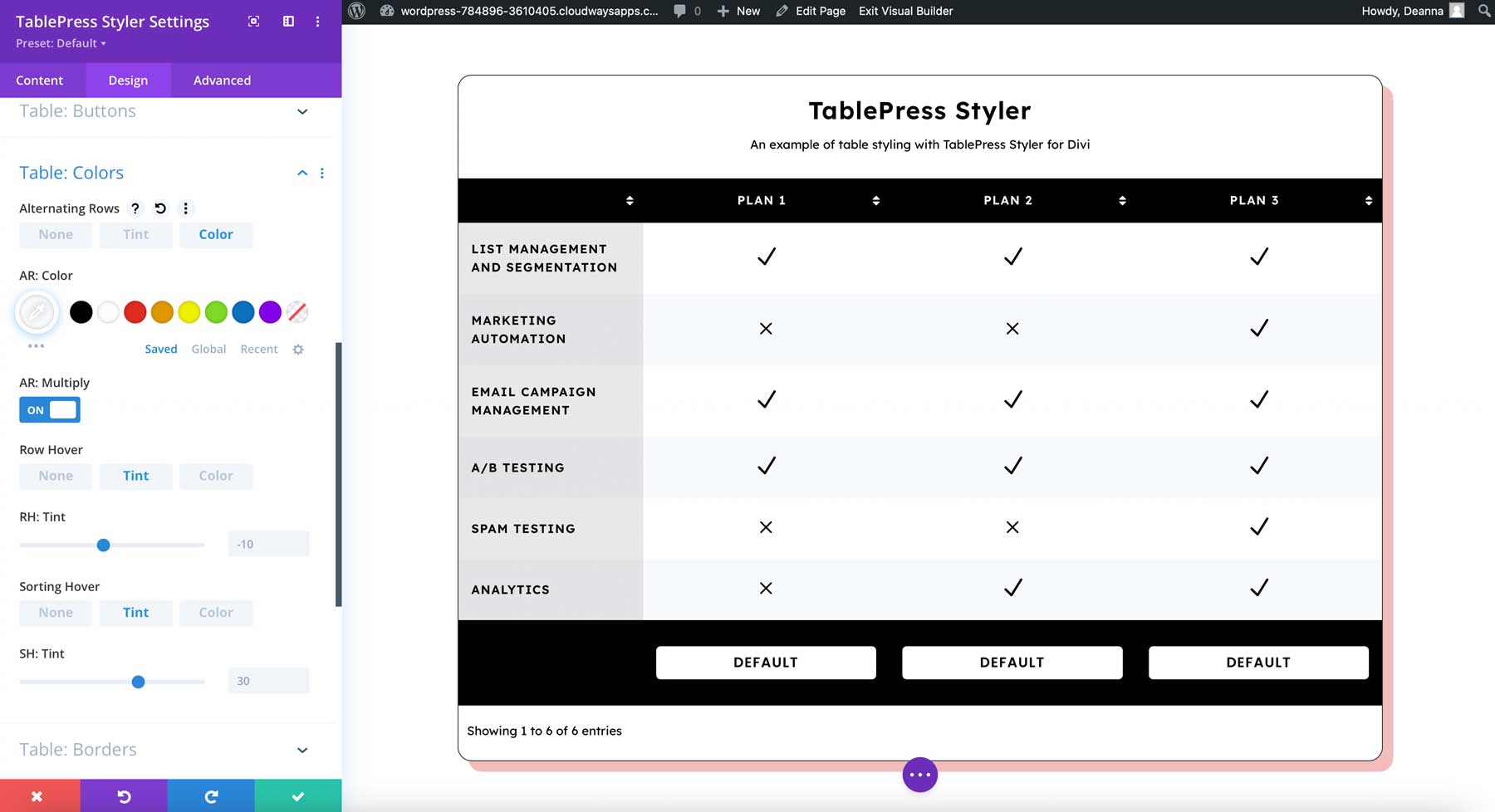 Цвет TablePress умножить