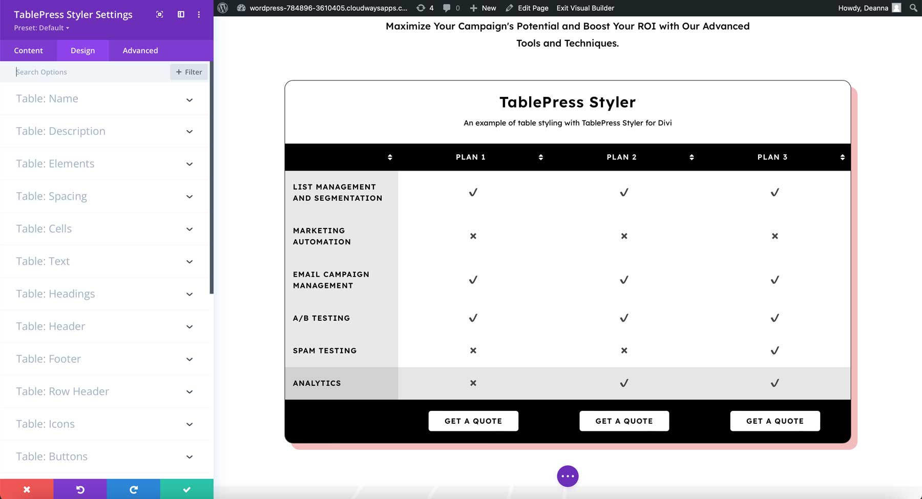 Configurações de Design do TablePress Styler