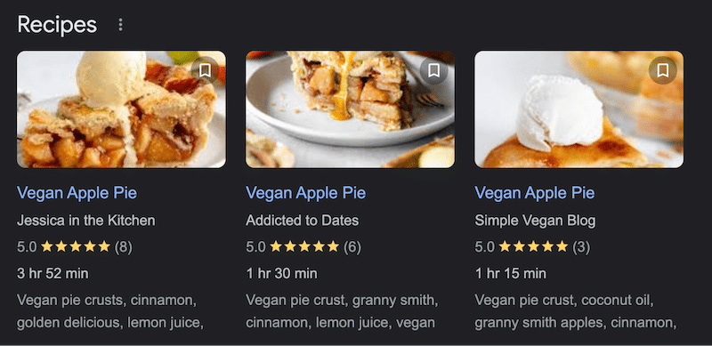 Exemple de données structurées pour un blog de recettes - Source : résultats de recherche Google