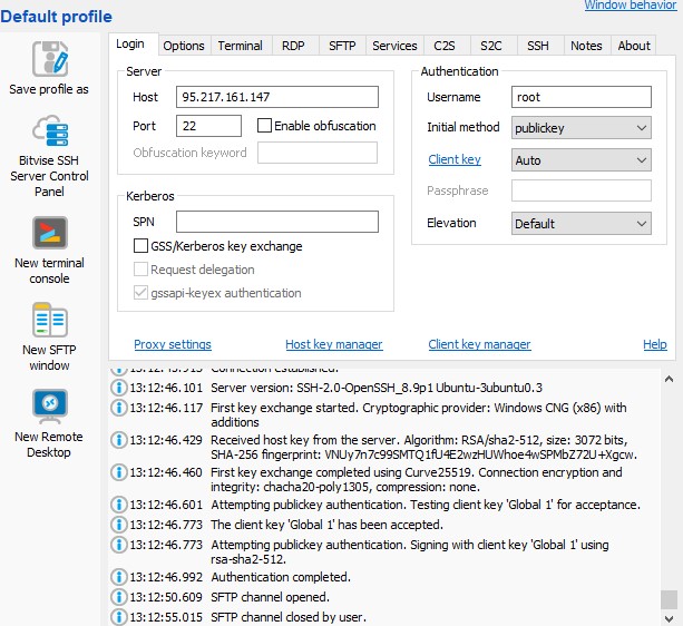 ไปที่หน้าต่าง SFTP ใหม่จากไคลเอนต์ Bitwise SSH