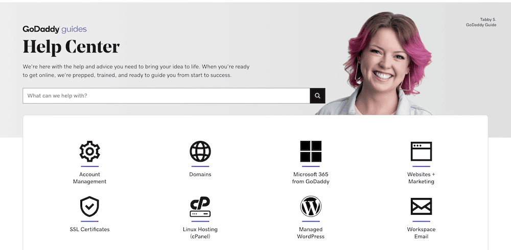 GoDaddy 幫助中心屏幕。