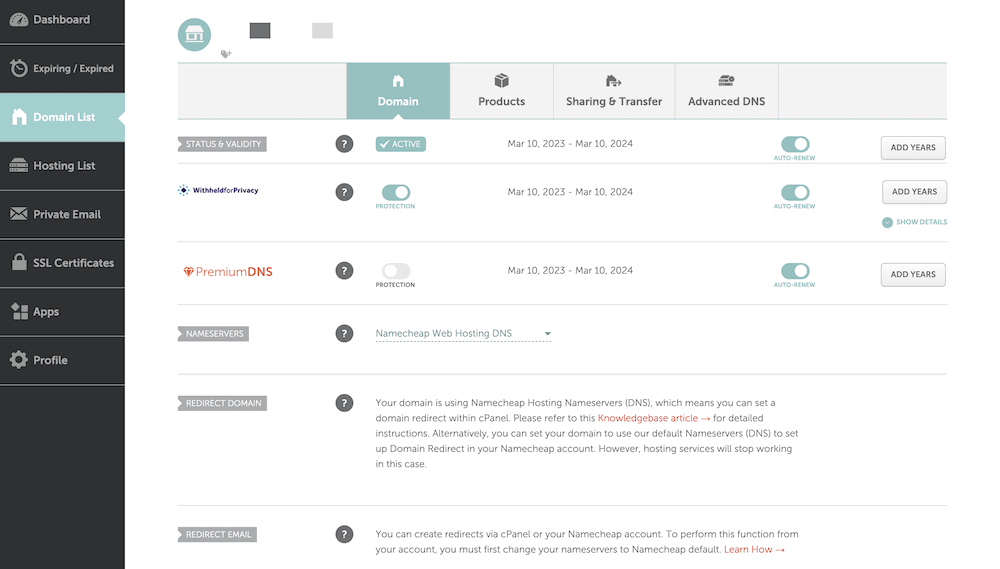 Secțiunea Lista de domenii a Namecheap.