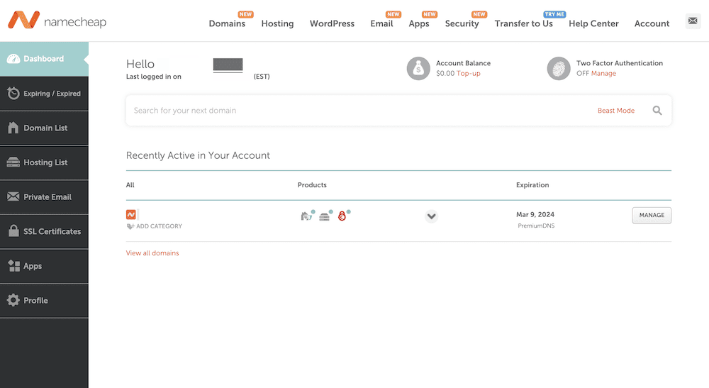 Das Namecheap-Dashboard.