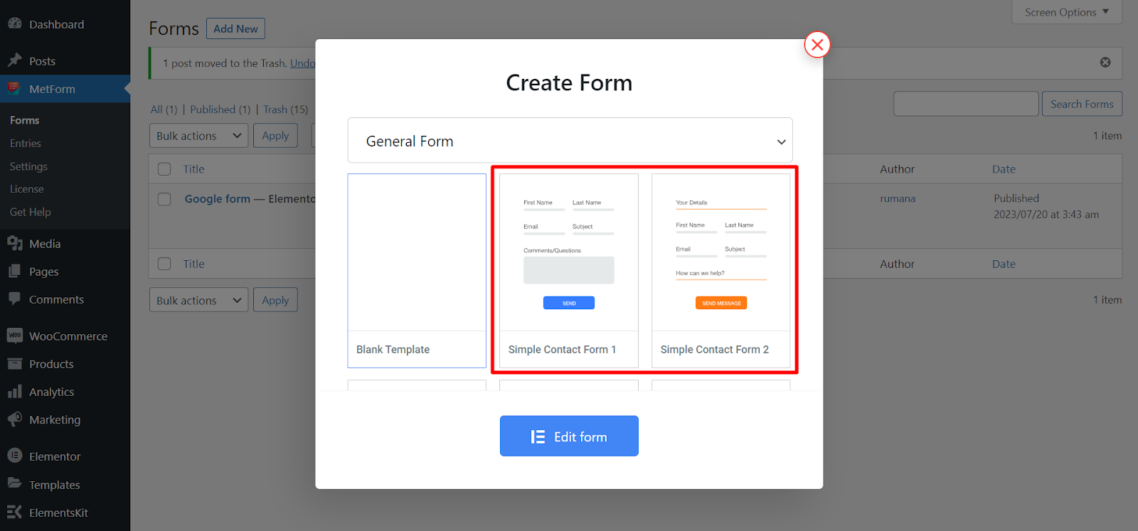 เทมเพลตฟอร์ม Metform