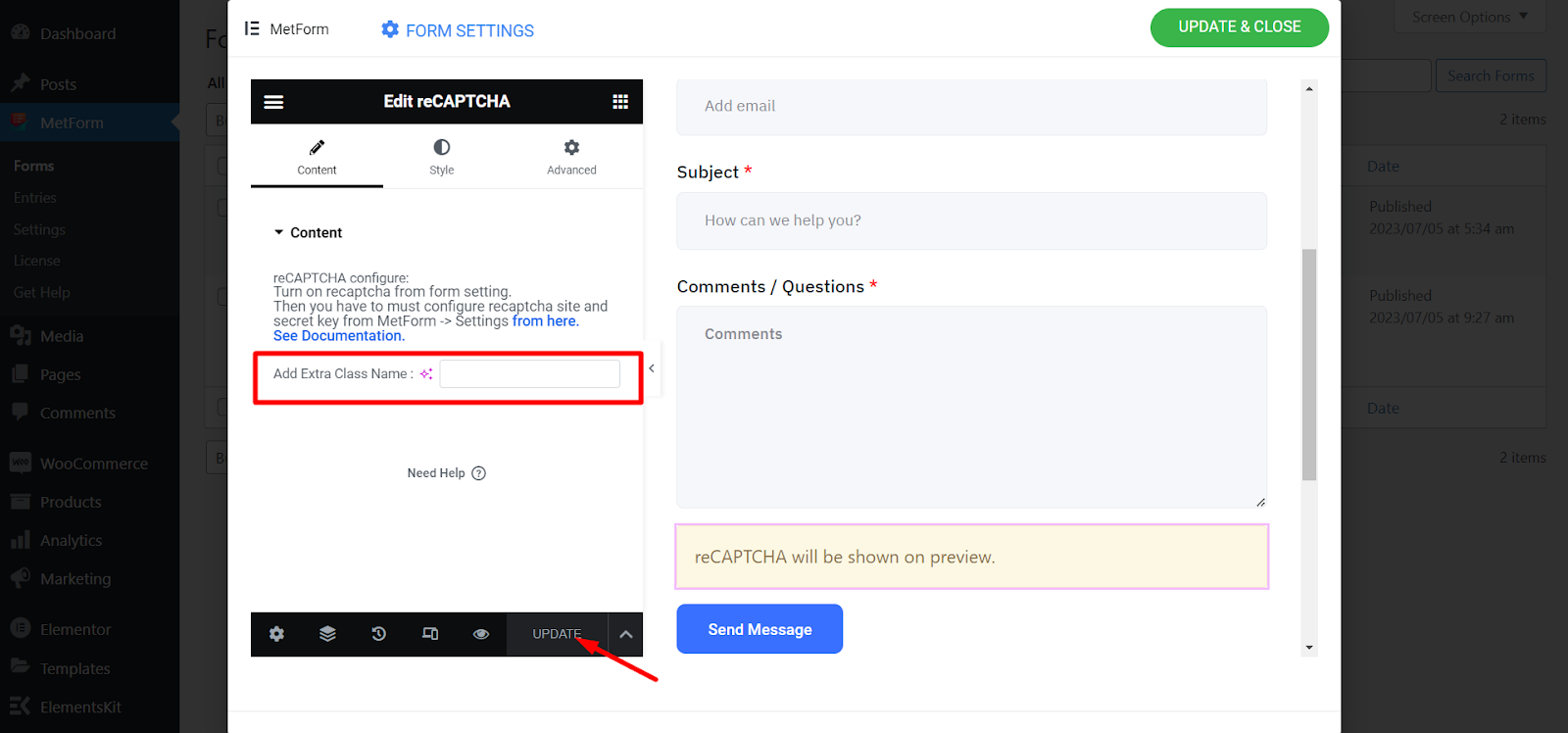 วิดเจ็ต reCAPTCHA ของ Metform