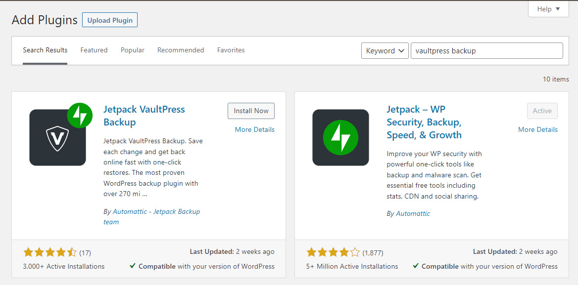 Instale e ative o Jetpack Vaultpress no repositório de plug-ins do WordPress.