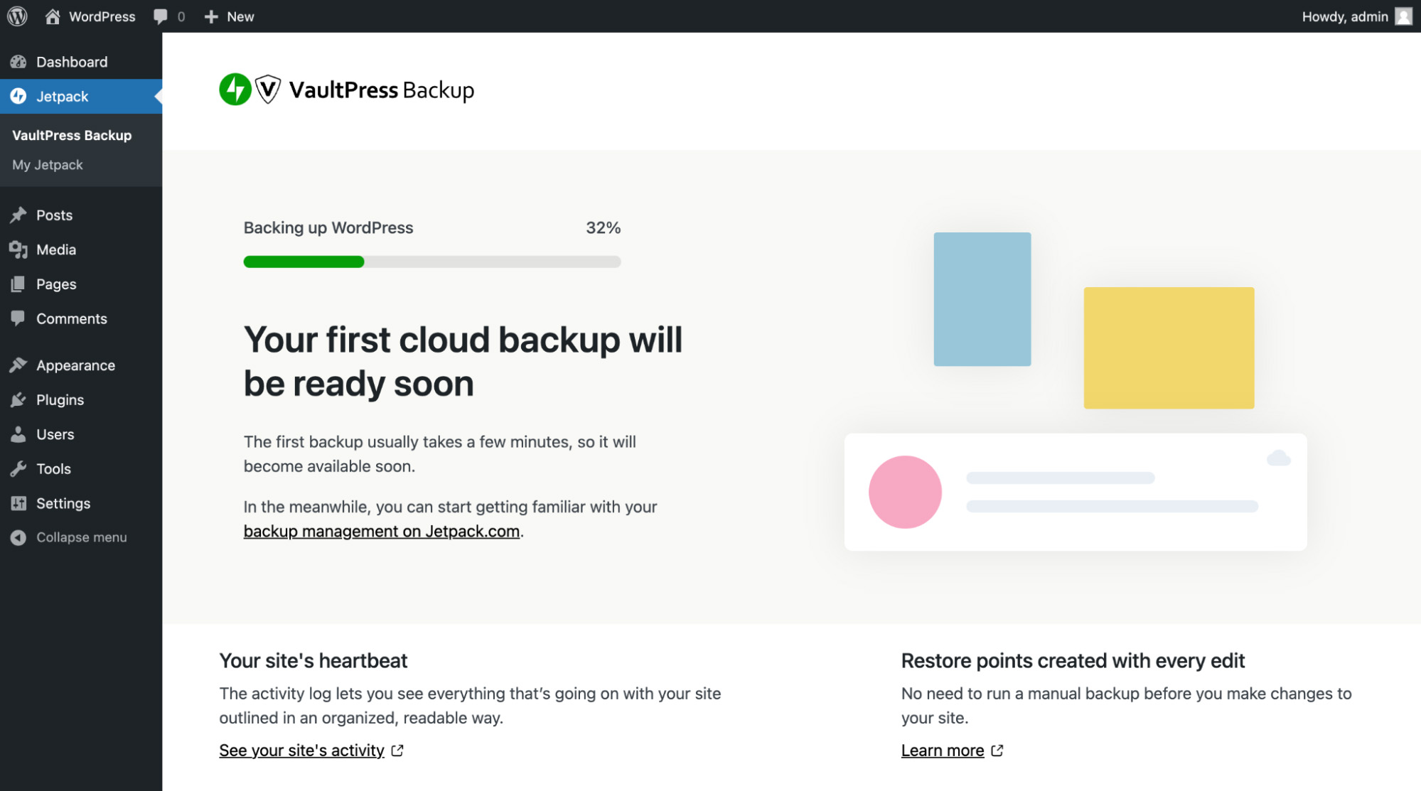 Accedi a Vaultpress navigando su Jetpack, quindi su Vaultpress Backup dalla dashboard di WordPress.