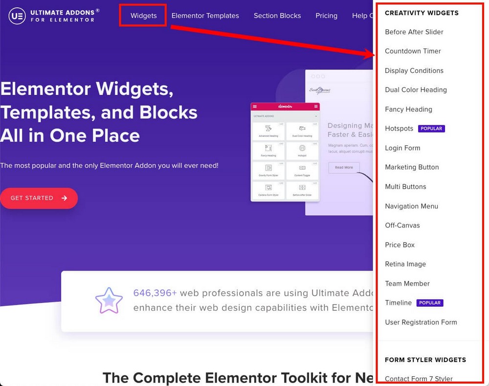 Widgets supplémentaires d'Ultimate Addons pour Elementor