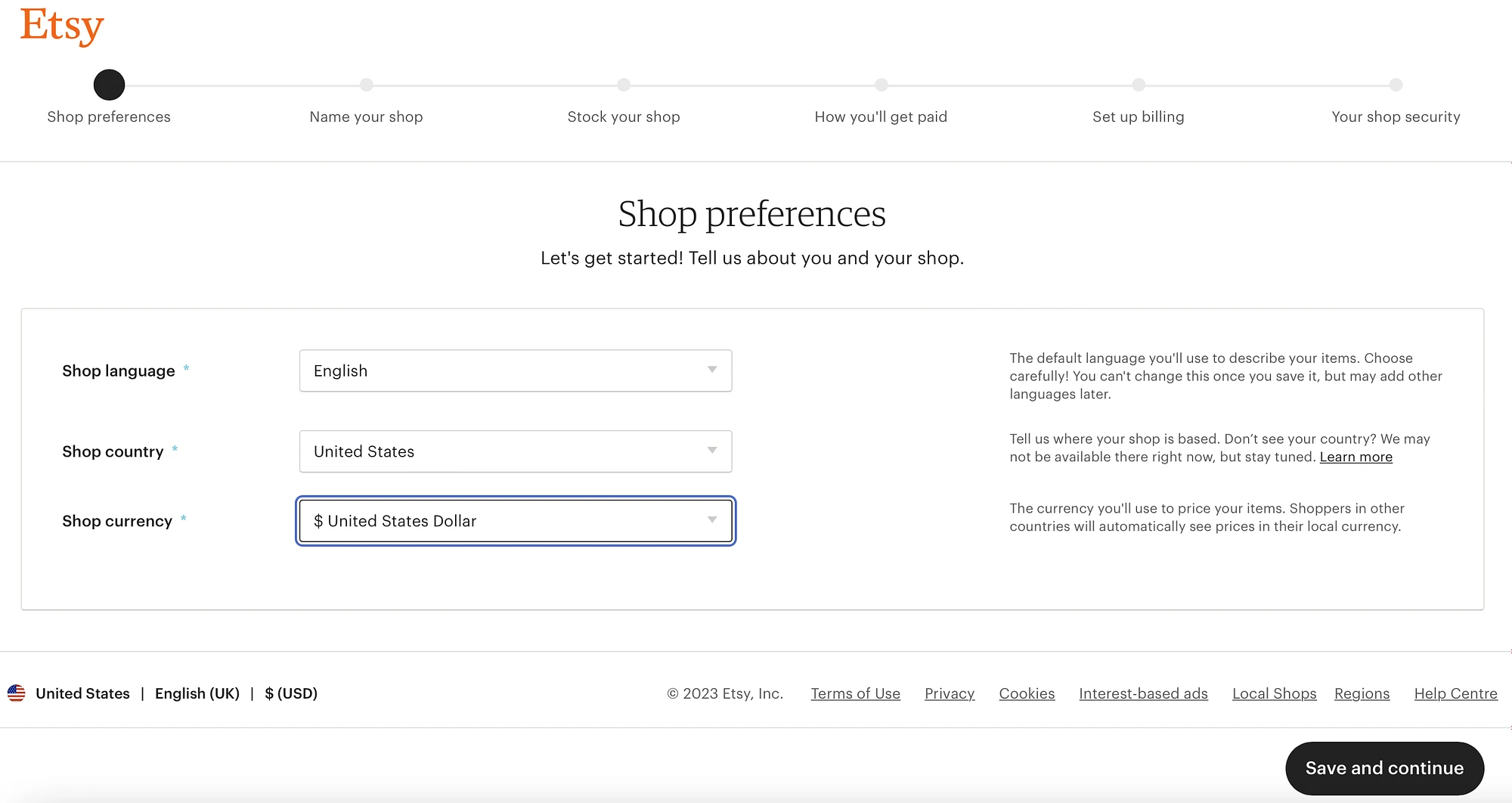 Etsy ショップの言語、国、通貨の設定を入力して Etsy で販売する方法。